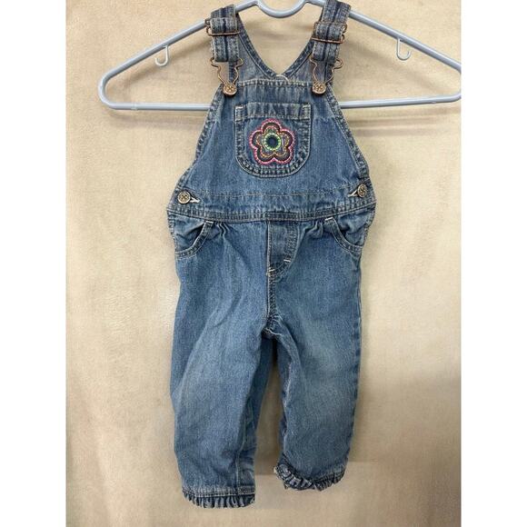 Oshkosh B’gosh 9 months Girls Vestbak Overalls Embroidered Floral Pocket Retro - Picture 1 of 4